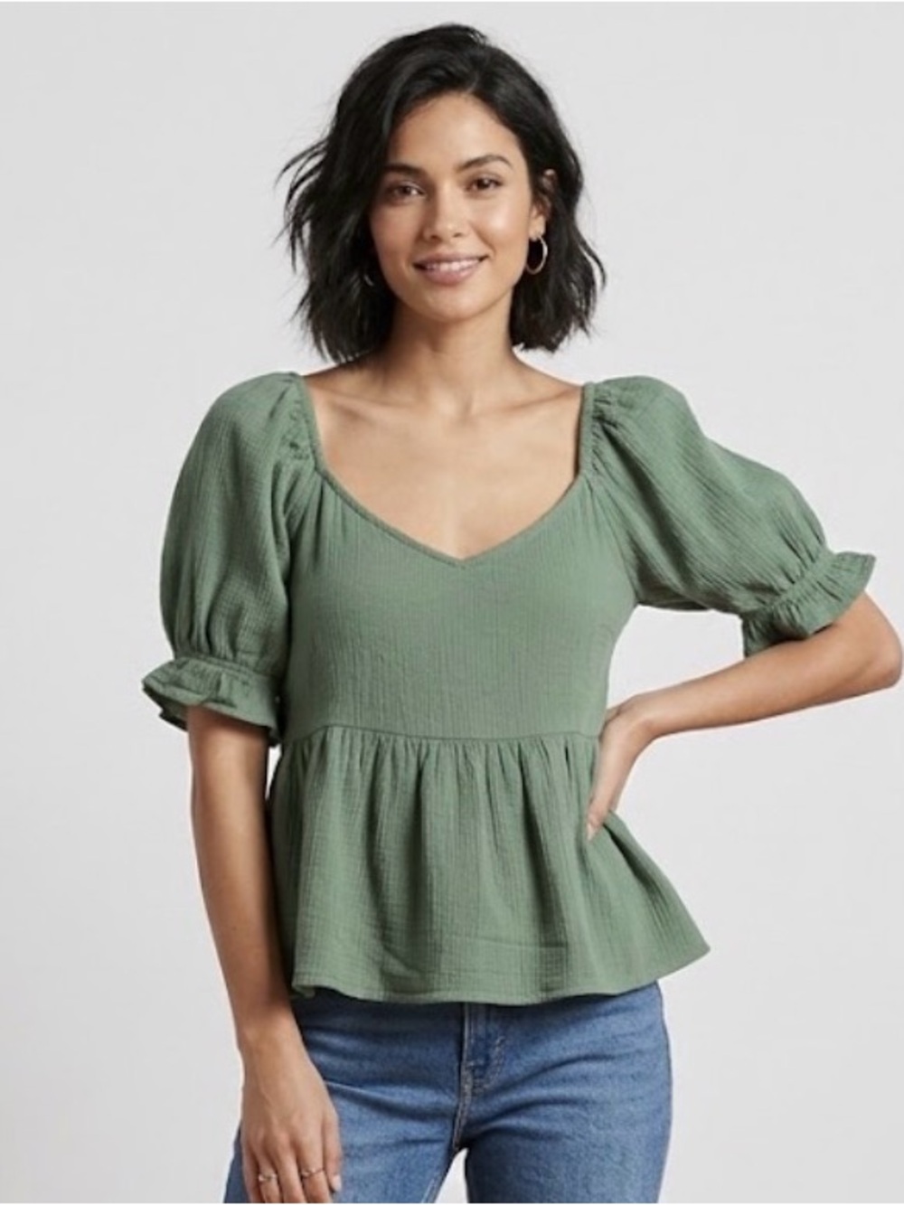 O’Neil Puff Sleeve Peasant Top Olive Green Size Small